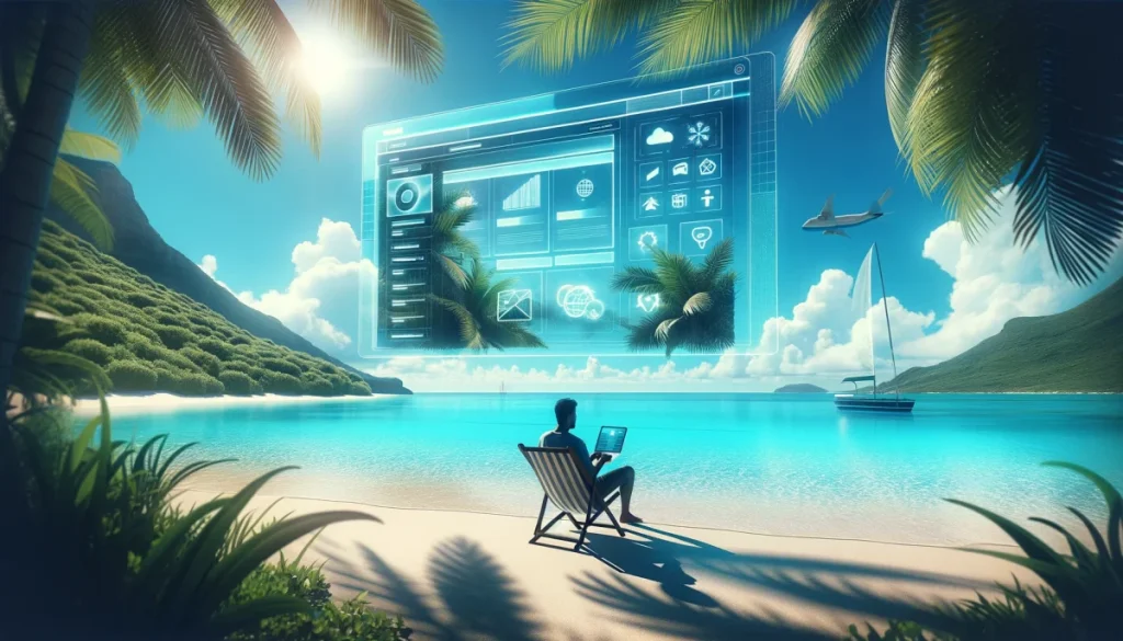Website Design in US Virgin Islands with man on the beach and website hologram overhead