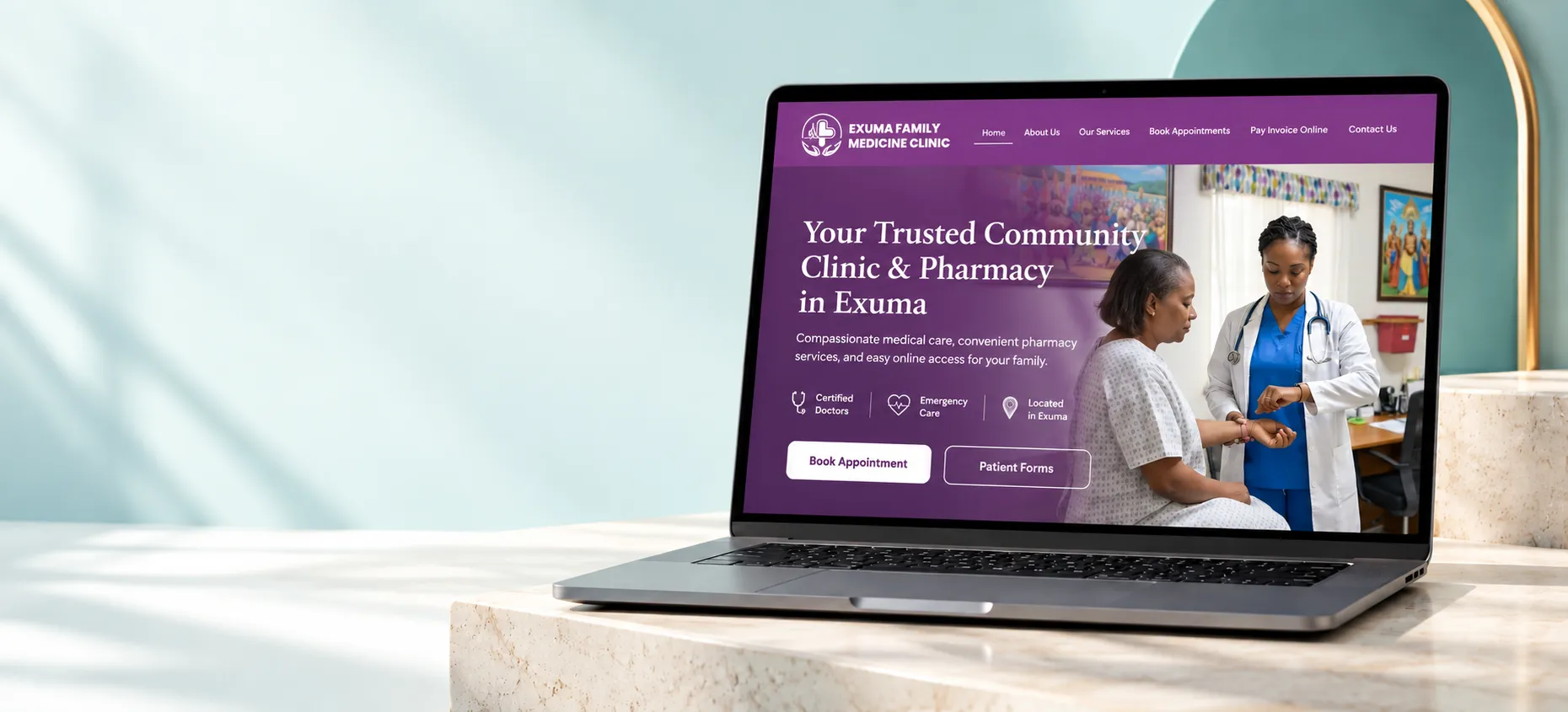 The Exuma Family Medicine Clinic website shown on a laptop