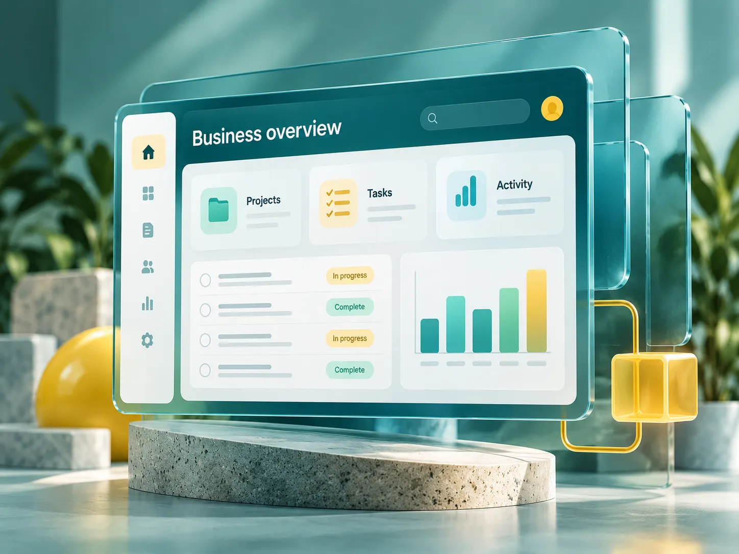 A custom software and app dashboard floating in a bright studio