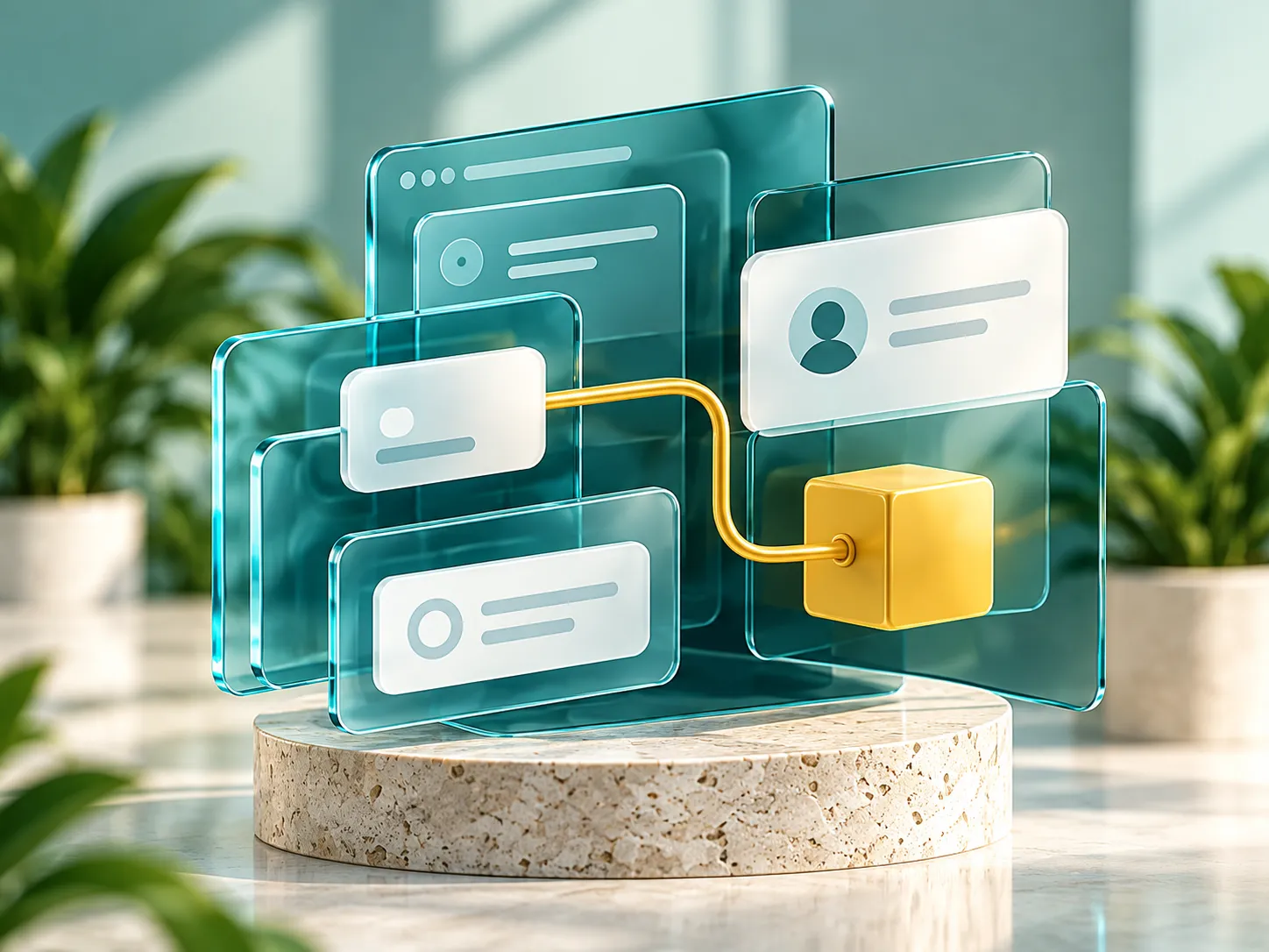 Connected glass panels representing a software build