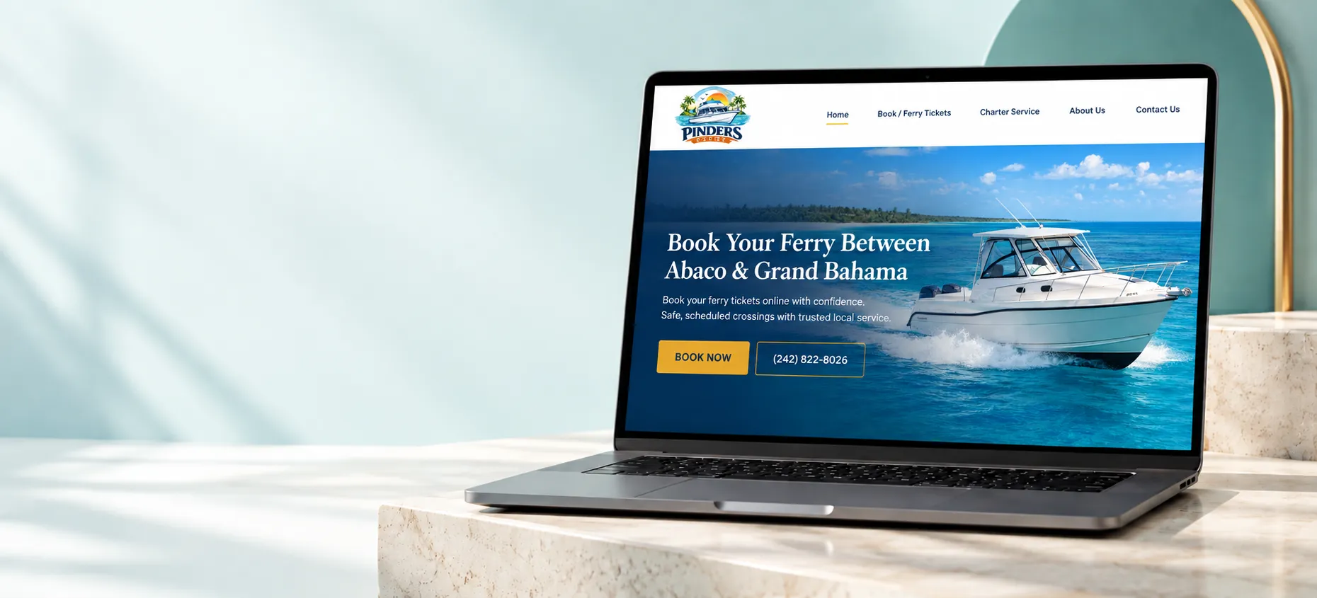 The Pinders Ferry booking website shown on a laptop