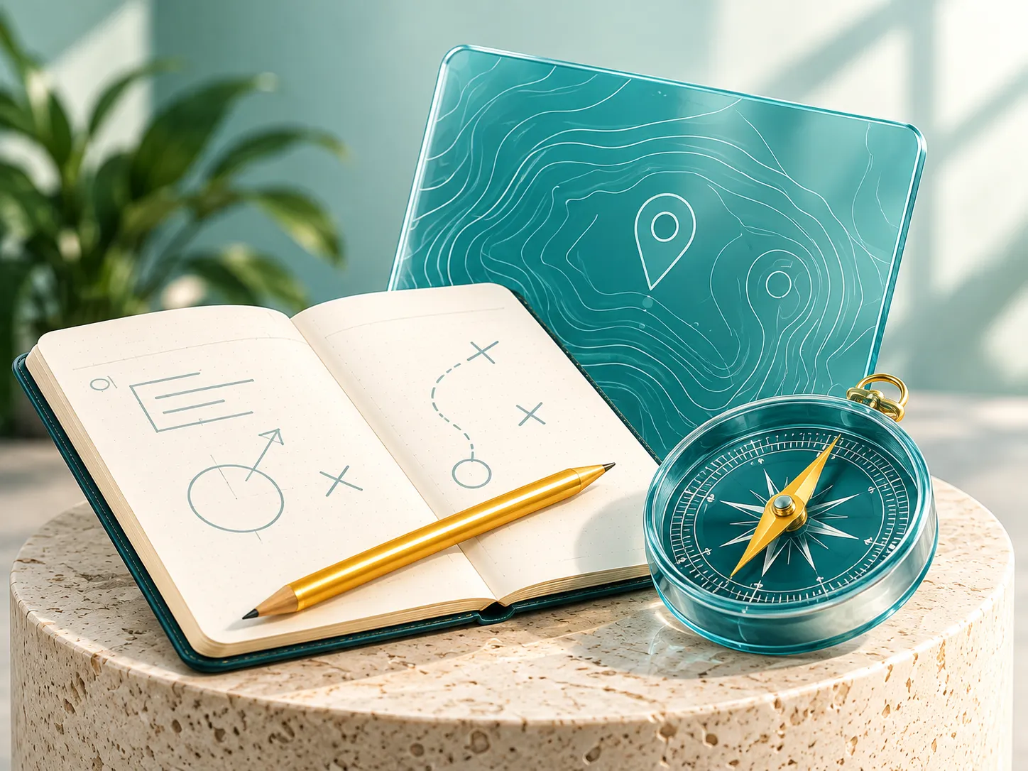 A notebook, map and compass for project planning