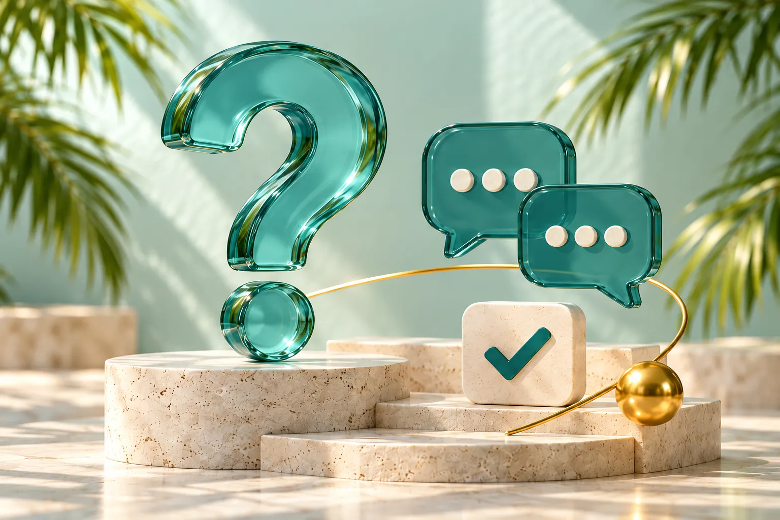Teal glass question mark on a stone plinth, representing First Glance Bahamas FAQs