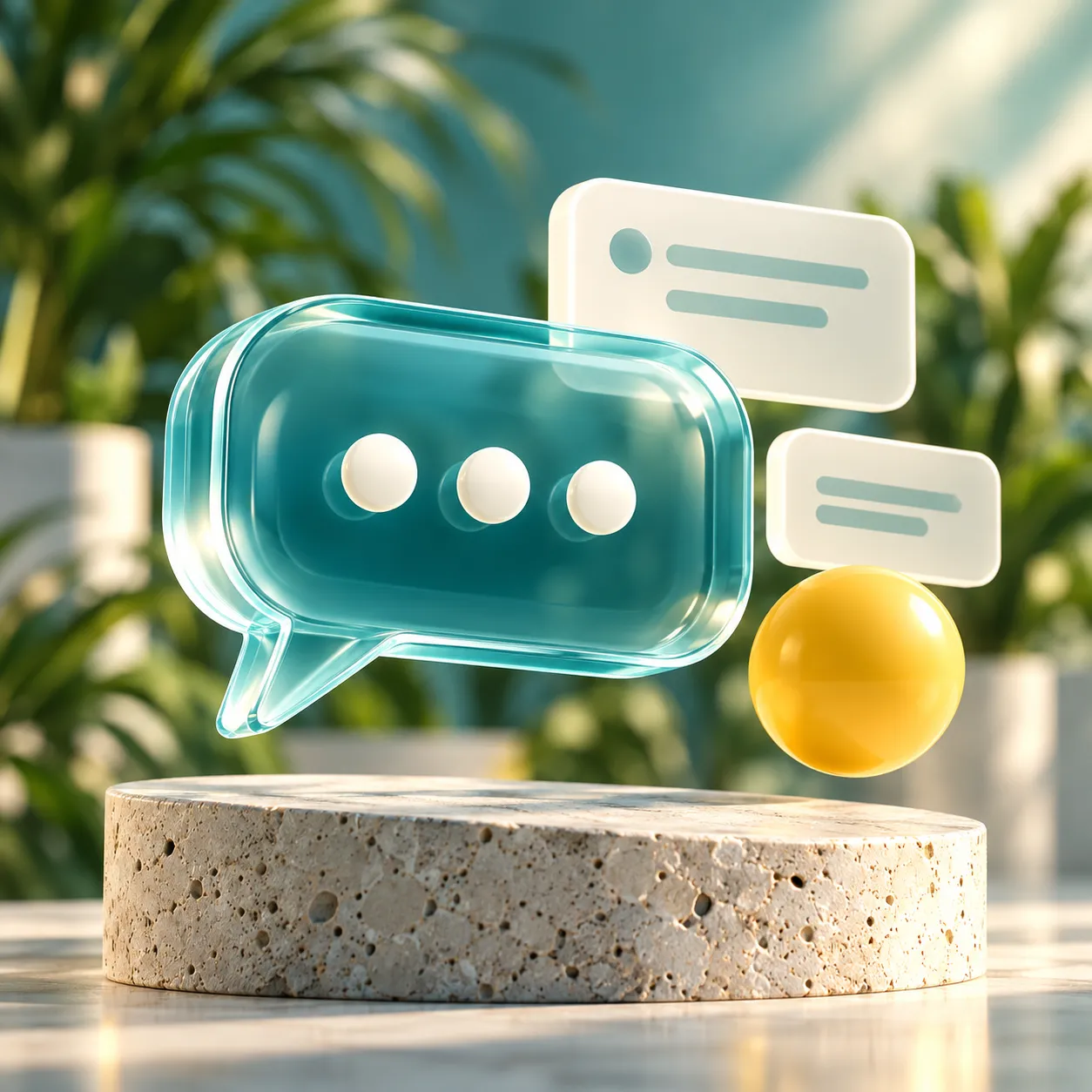 Teal glass AI conversation sculpture representing AI development by First Glance Bahamas