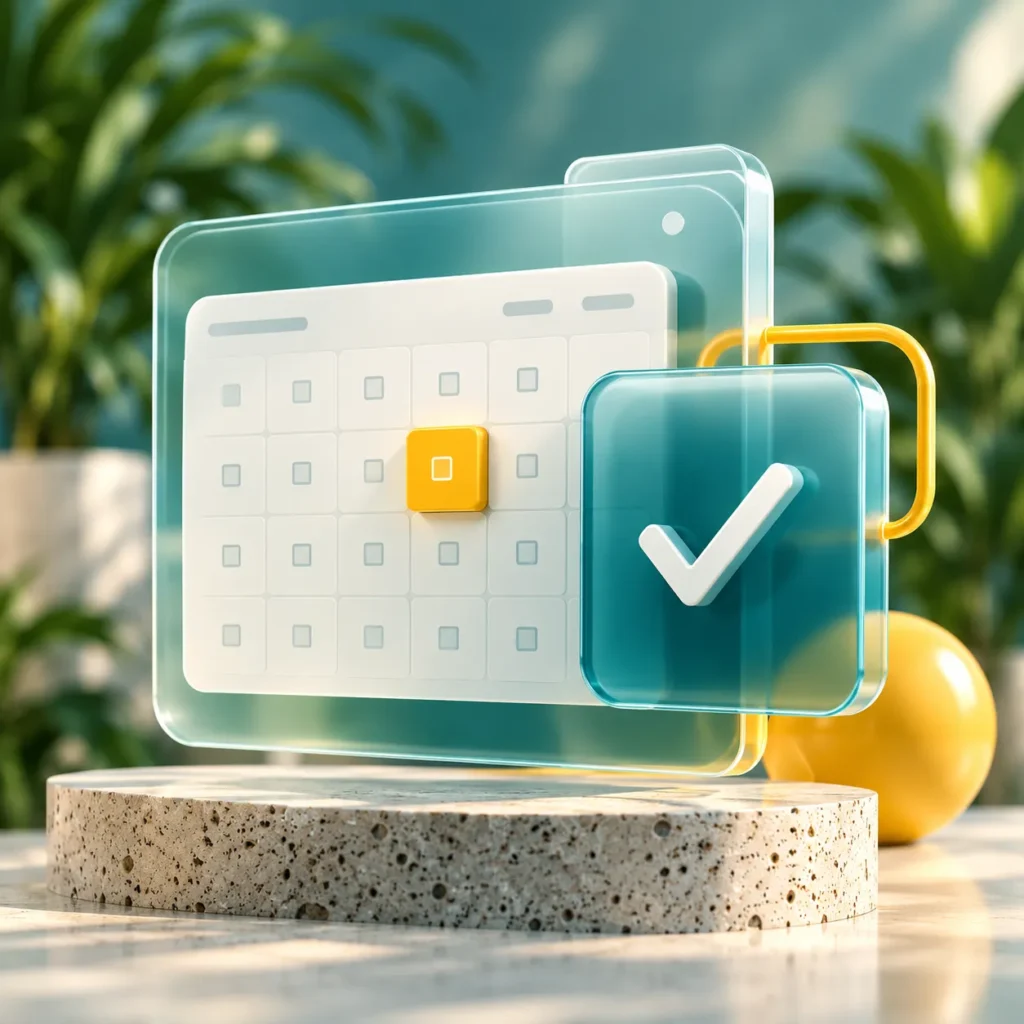 Glass booking calendar with a confirmation check mark
