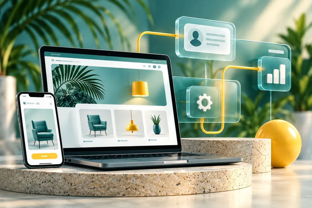 Laptop and phone showing a connected website with floating app panels