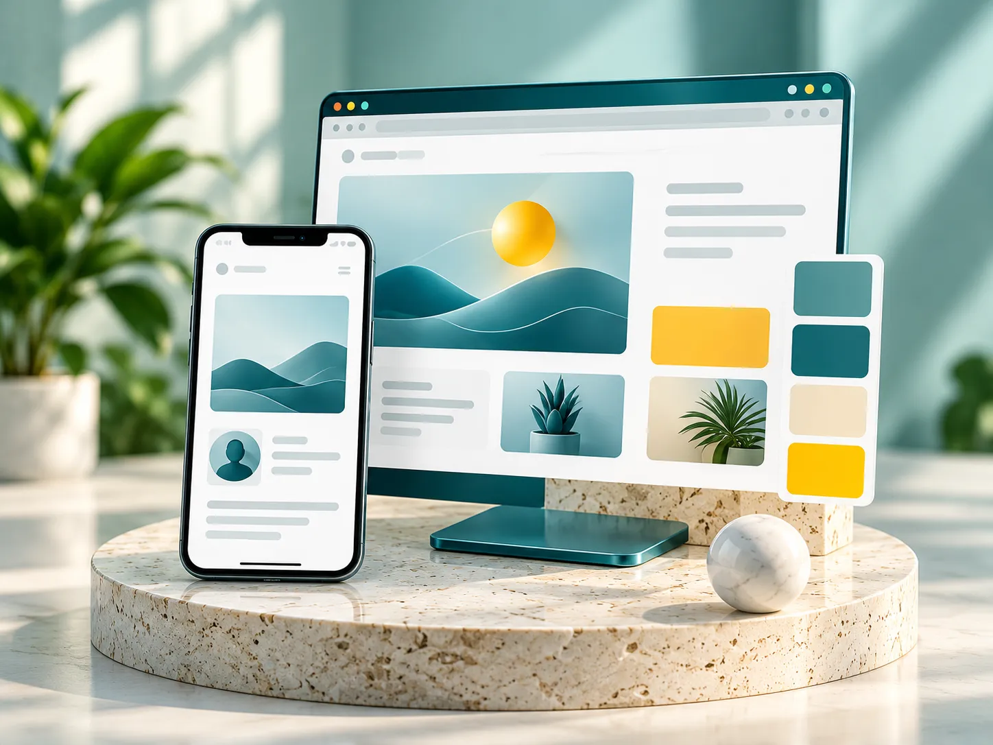 Website design samples on a desktop and a phone