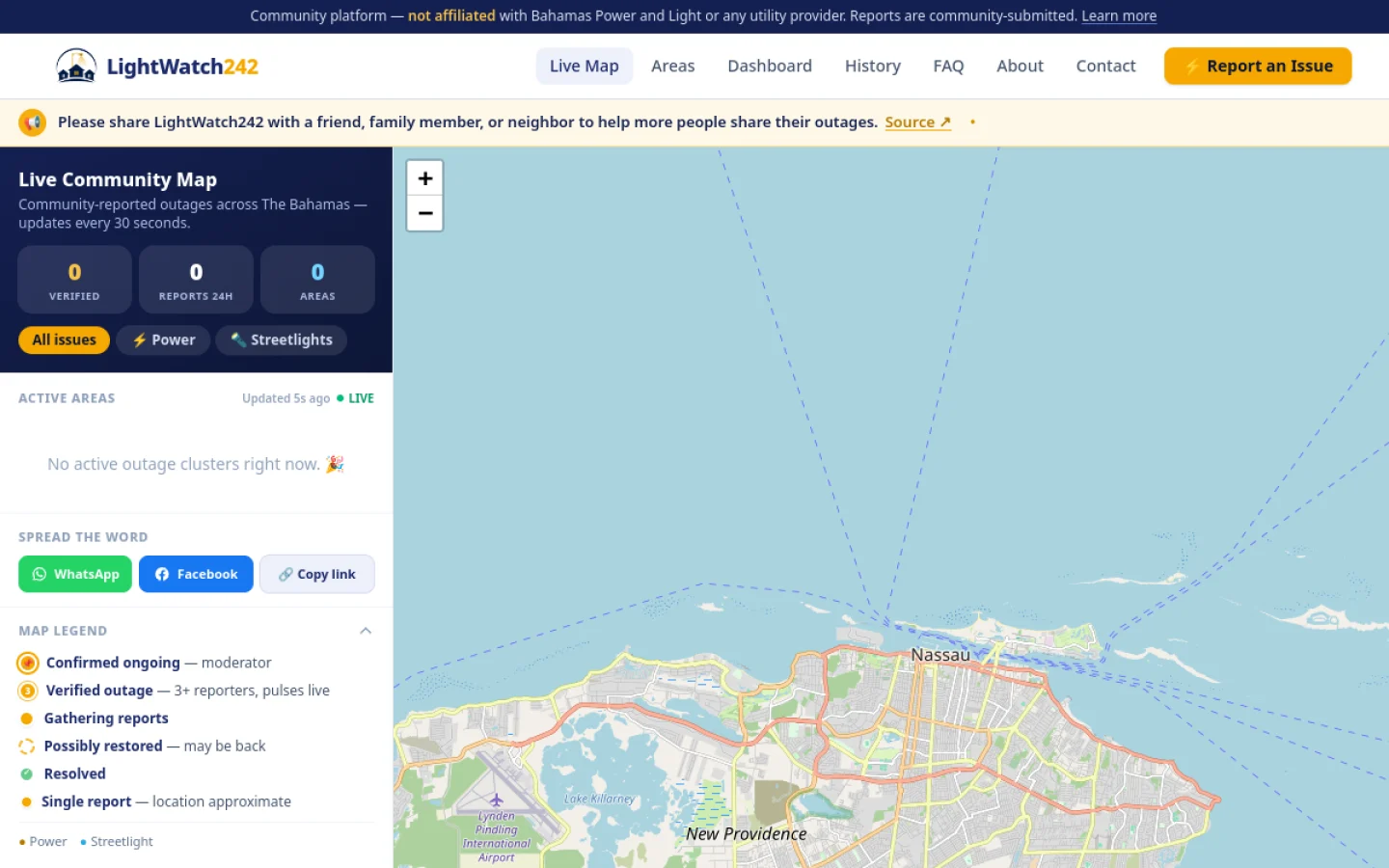 LightWatch242 live community outage map of New Providence