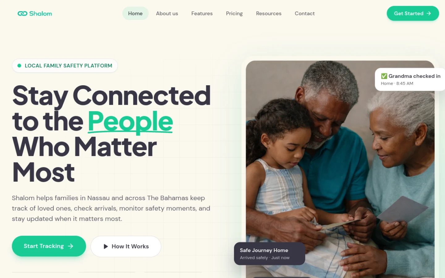 Shalom family safety app homepage