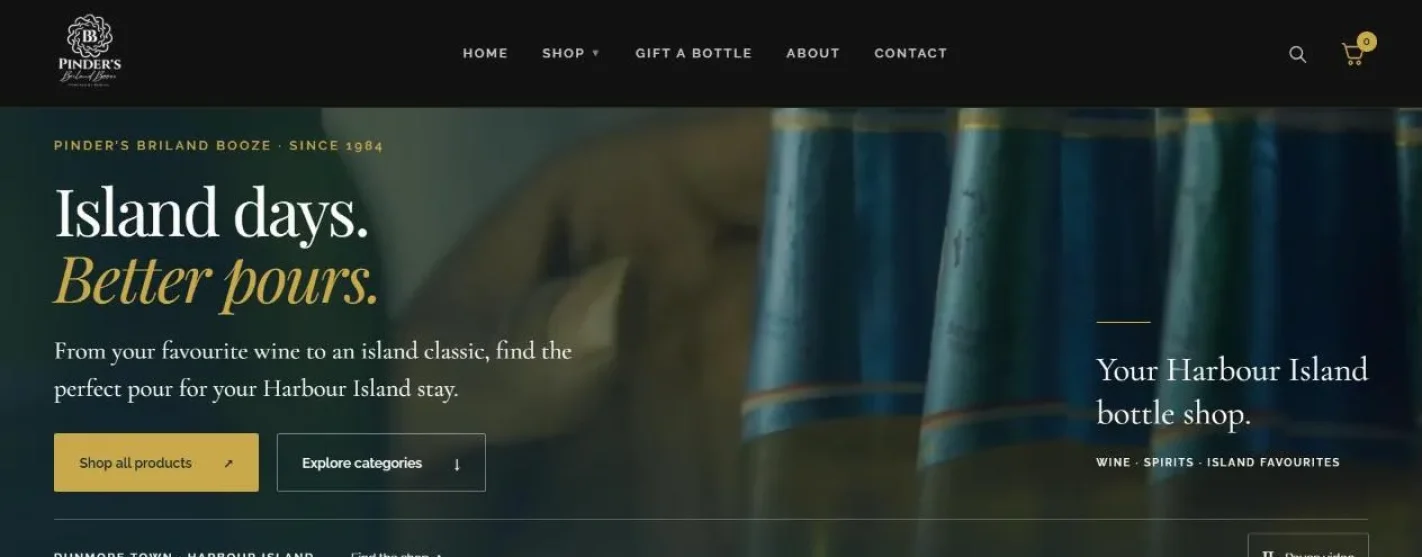Homepage of Pinder&rsquo;s Briland Booze, built by First Glance Bahamas