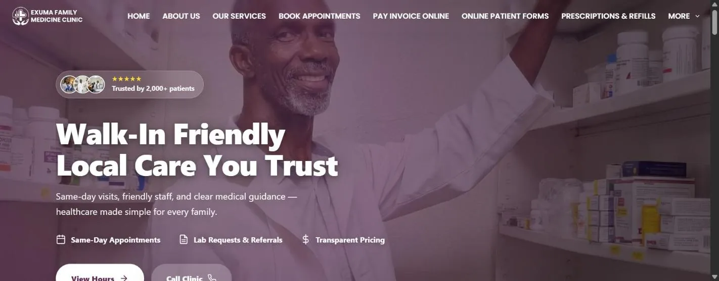 Homepage of Exuma Family Medicine Clinic, built by First Glance Bahamas