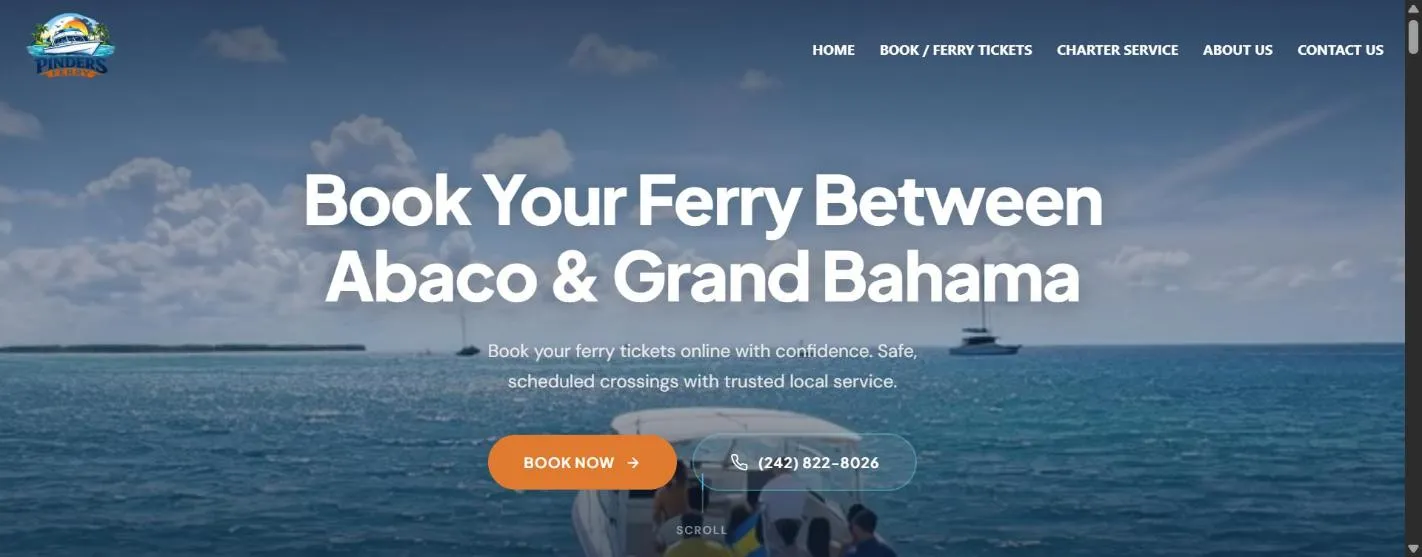 Homepage of Pinders Ferry, built by First Glance Bahamas