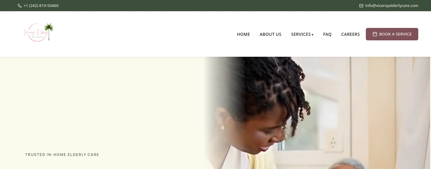 Homepage of Viceroy Elderly Care, built by First Glance Bahamas