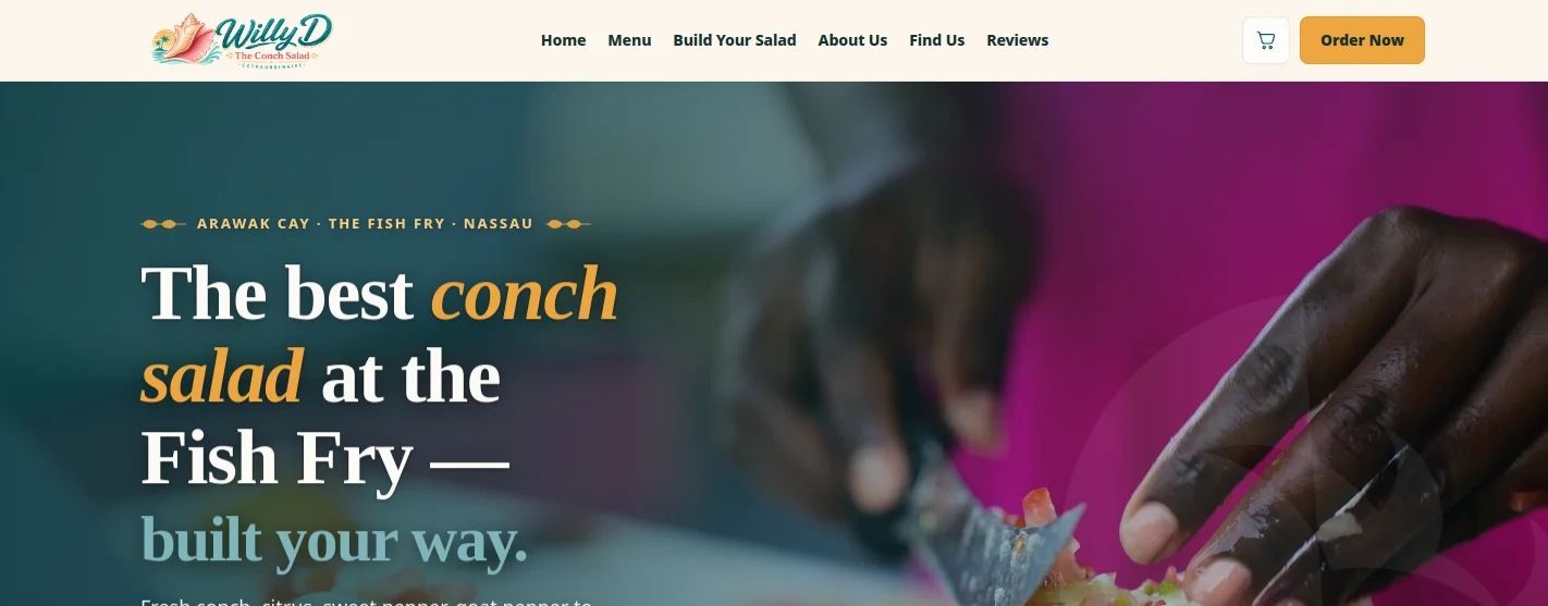 Homepage of Willy D Conch Salad, built by First Glance Bahamas